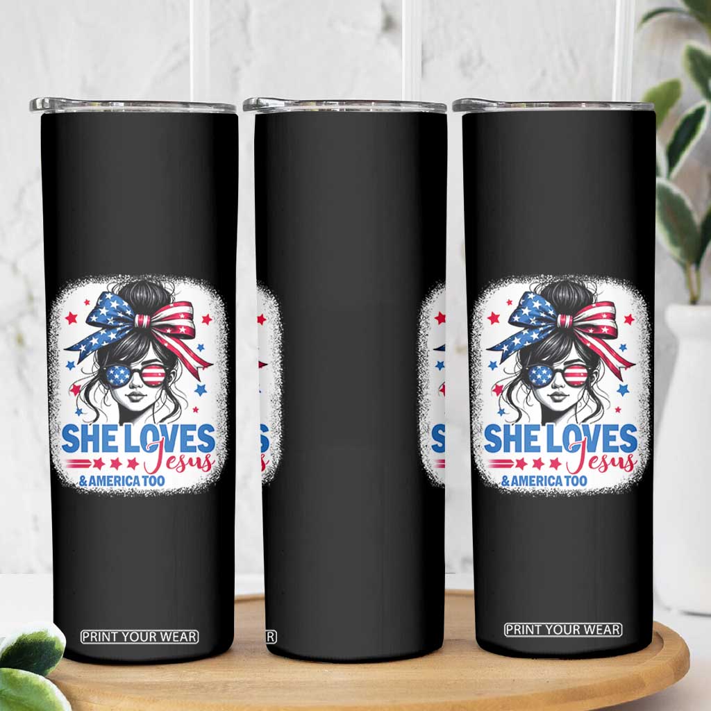 She Loves Jesus And America Too Skinny Tumbler Christian 4th of July Messy Bun Flag TS10 Print Your Wear