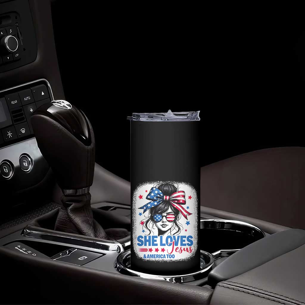 She Loves Jesus And America Too Skinny Tumbler Christian 4th of July Messy Bun Flag TS10 Print Your Wear