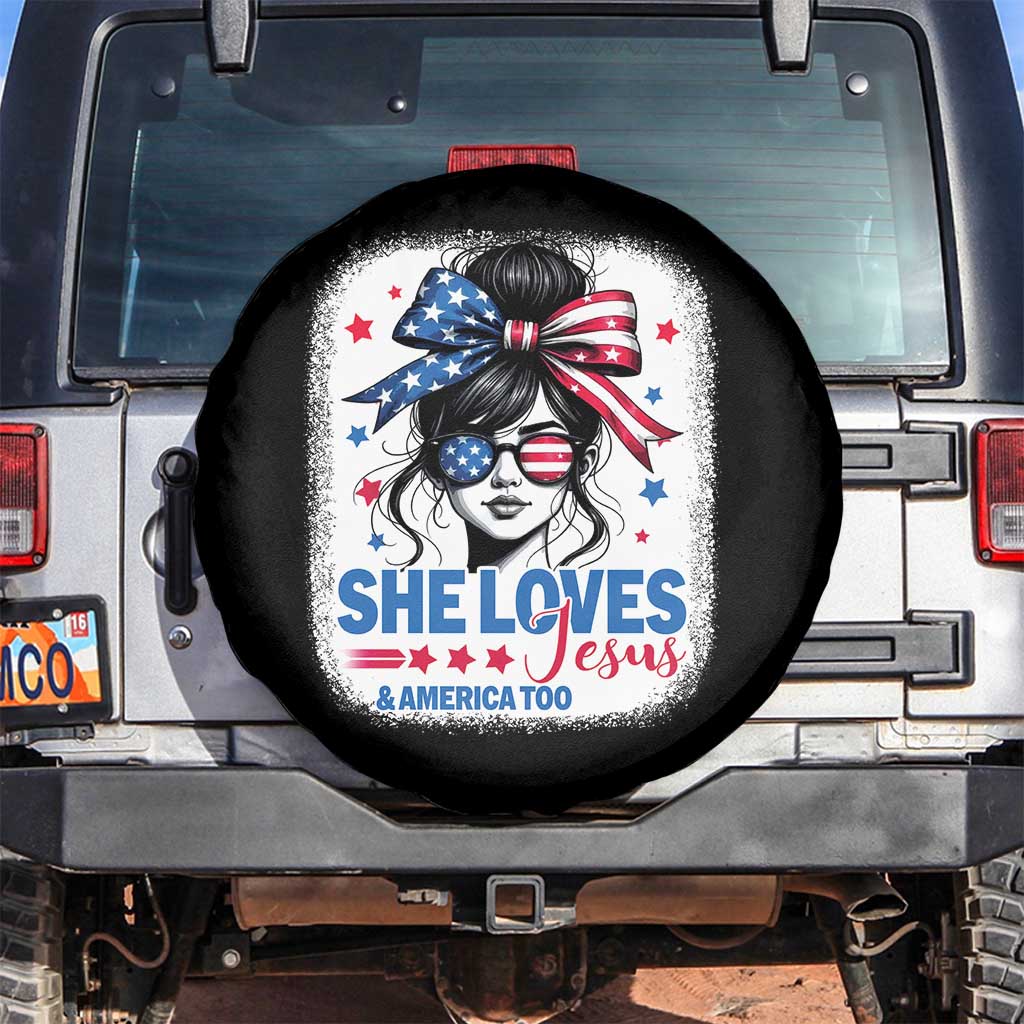 She Loves Jesus And America Too Spare Tire Cover Christian 4th of July Messy Bun Flag TS10 No hole Black Print Your Wear