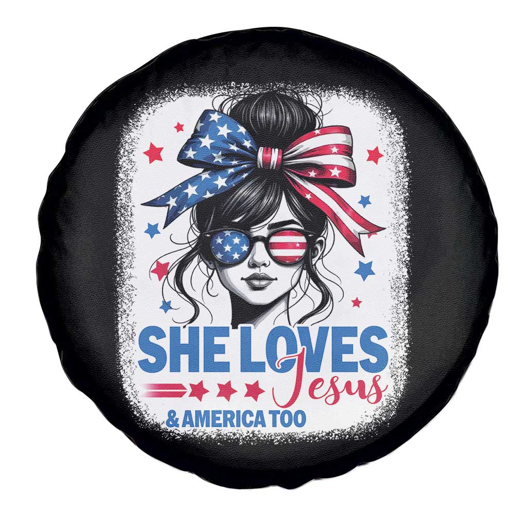 She Loves Jesus And America Too Spare Tire Cover Christian 4th of July Messy Bun Flag TS10 Print Your Wear
