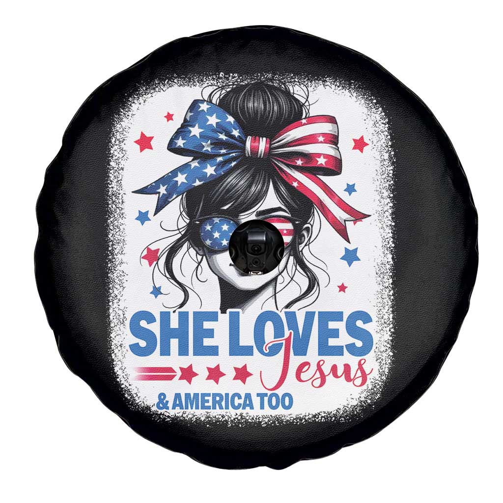 She Loves Jesus And America Too Spare Tire Cover Christian 4th of July Messy Bun Flag TS10 Print Your Wear