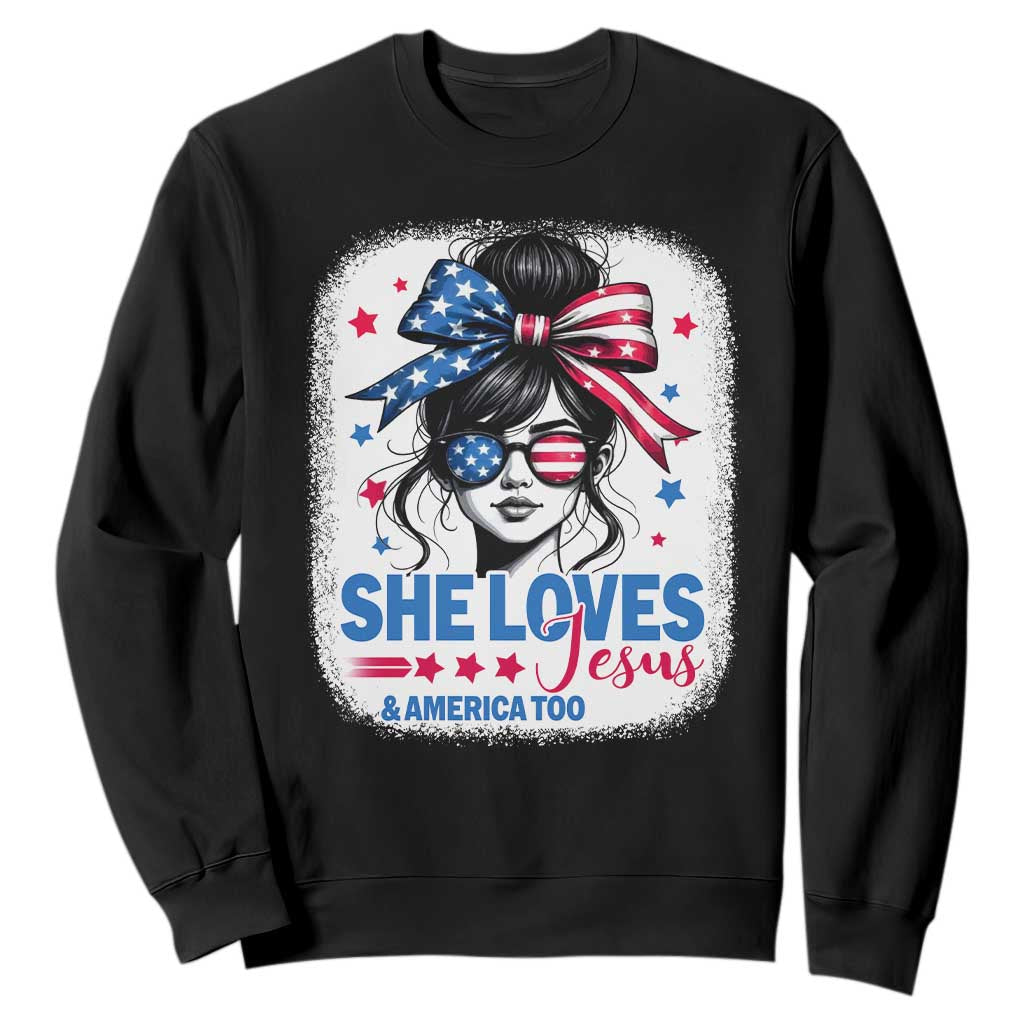 She Loves Jesus And America Too Sweatshirt Christian 4th of July Messy Bun Flag TS10 Black Print Your Wear