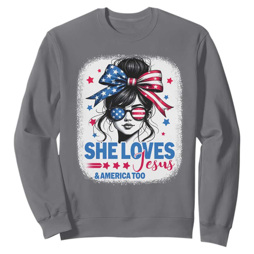 She Loves Jesus And America Too Sweatshirt Christian 4th of July Messy Bun Flag TS10 Charcoal Print Your Wear