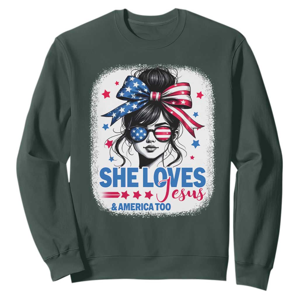 She Loves Jesus And America Too Sweatshirt Christian 4th of July Messy Bun Flag TS10 Dark Forest Green Print Your Wear
