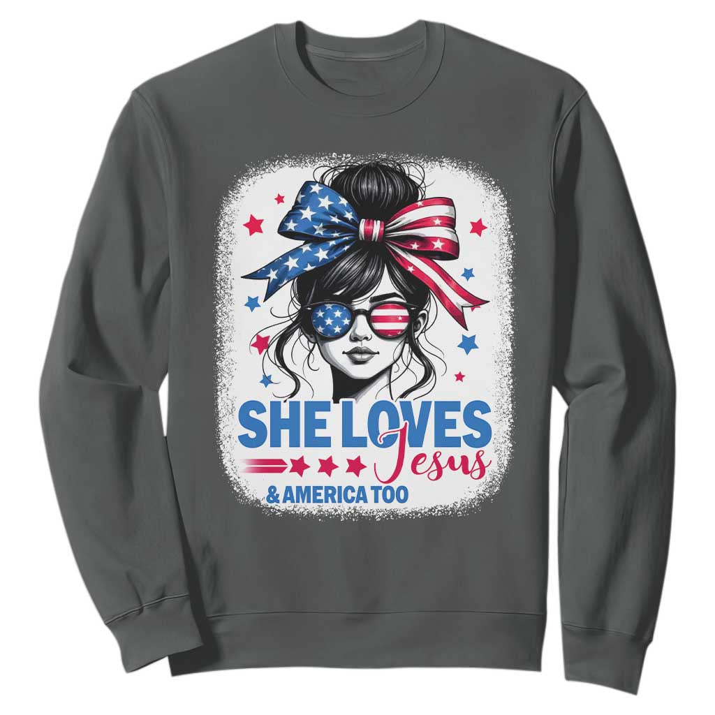 She Loves Jesus And America Too Sweatshirt Christian 4th of July Messy Bun Flag TS10 Dark Heather Print Your Wear