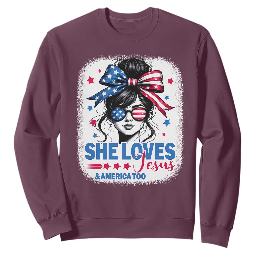 She Loves Jesus And America Too Sweatshirt Christian 4th of July Messy Bun Flag TS10 Maroon Print Your Wear