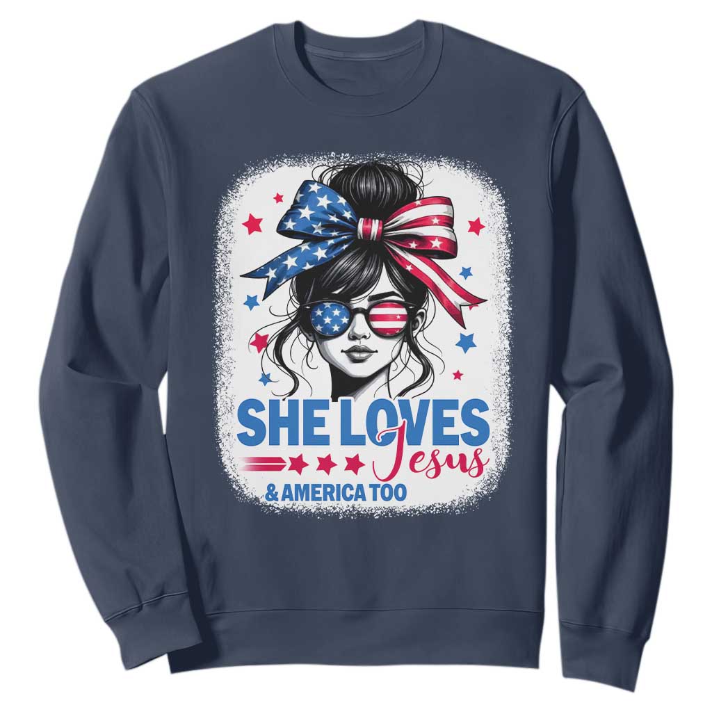 She Loves Jesus And America Too Sweatshirt Christian 4th of July Messy Bun Flag TS10 Navy Print Your Wear