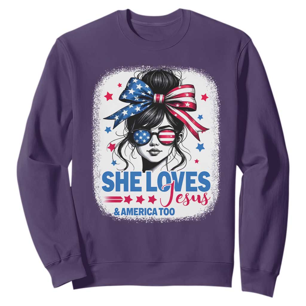 She Loves Jesus And America Too Sweatshirt Christian 4th of July Messy Bun Flag TS10 Purple Print Your Wear