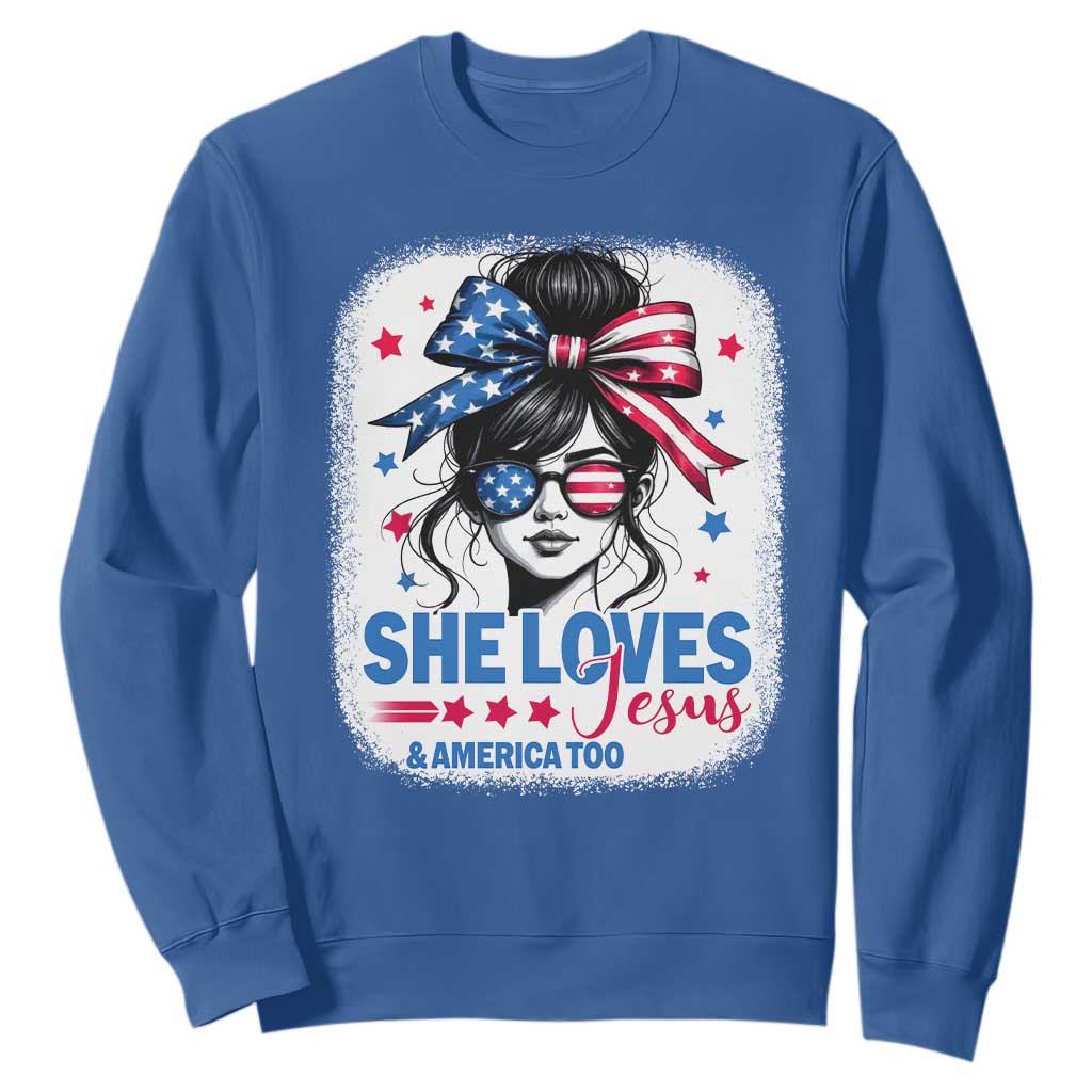 She Loves Jesus And America Too Sweatshirt Christian 4th of July Messy Bun Flag TS10 Royal Blue Print Your Wear