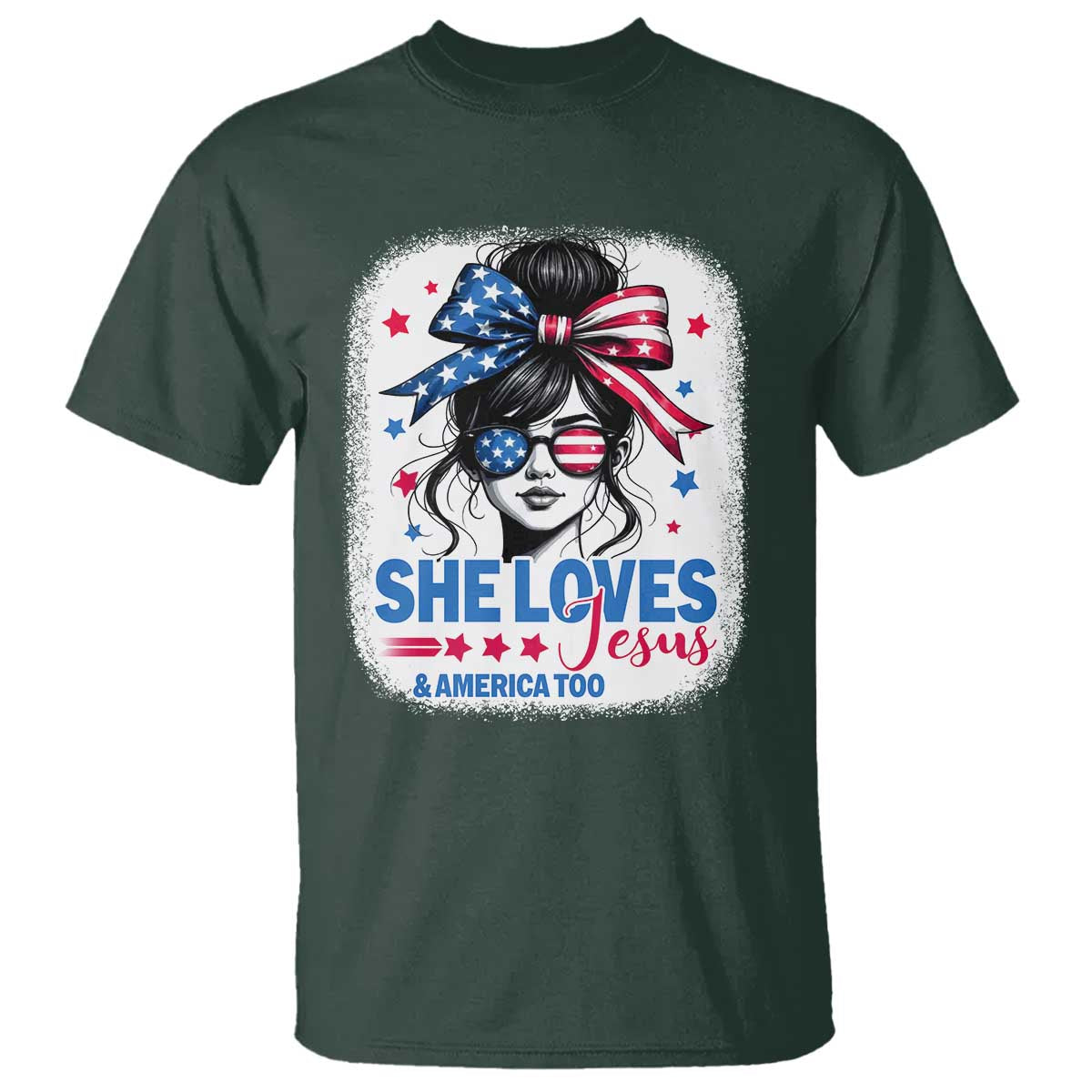 She Loves Jesus And America Too T Shirt Christian 4th of July Messy Bun Flag TS10 Dark Forest Green Print Your Wear