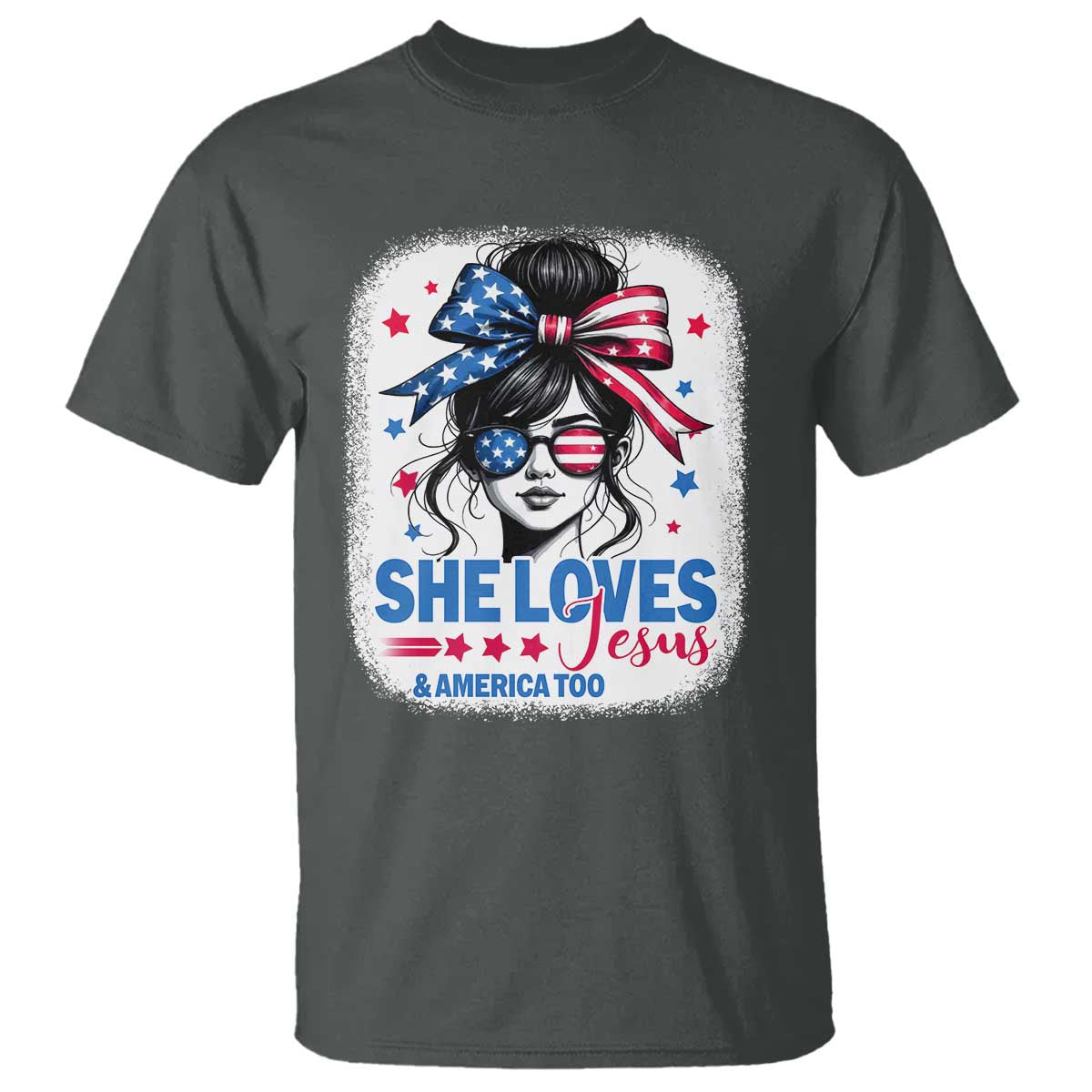 She Loves Jesus And America Too T Shirt Christian 4th of July Messy Bun Flag TS10 Dark Heather Print Your Wear