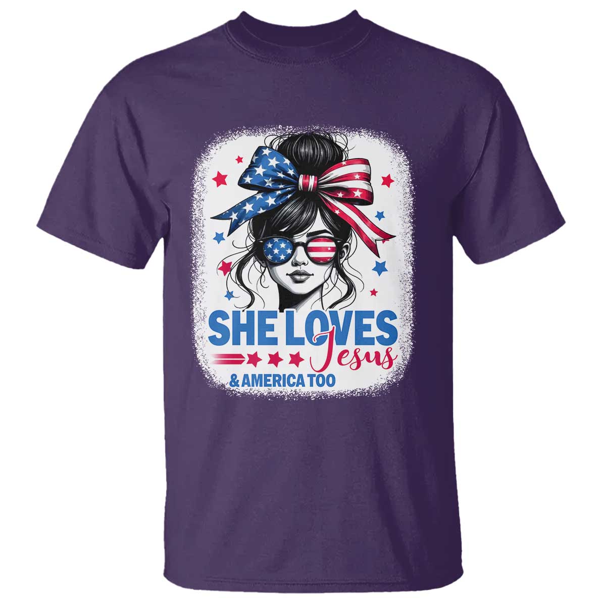 She Loves Jesus And America Too T Shirt Christian 4th of July Messy Bun Flag TS10 Purple Print Your Wear