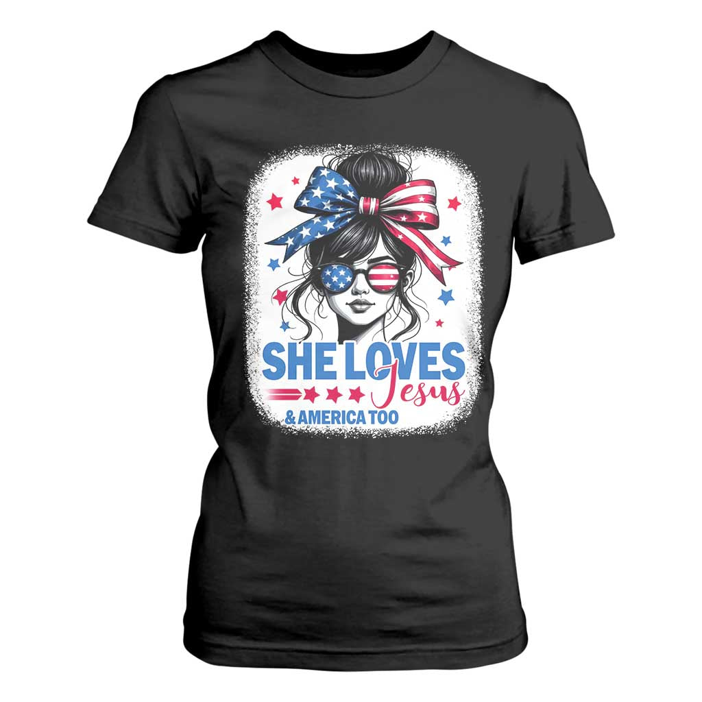 She Loves Jesus And America Too T Shirt For Women Christian 4th of July Messy Bun Flag TS10 Black Print Your Wear