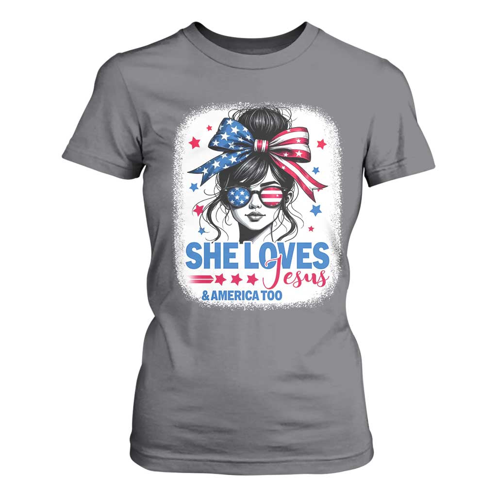 She Loves Jesus And America Too T Shirt For Women Christian 4th of July Messy Bun Flag TS10 Charcoal Print Your Wear