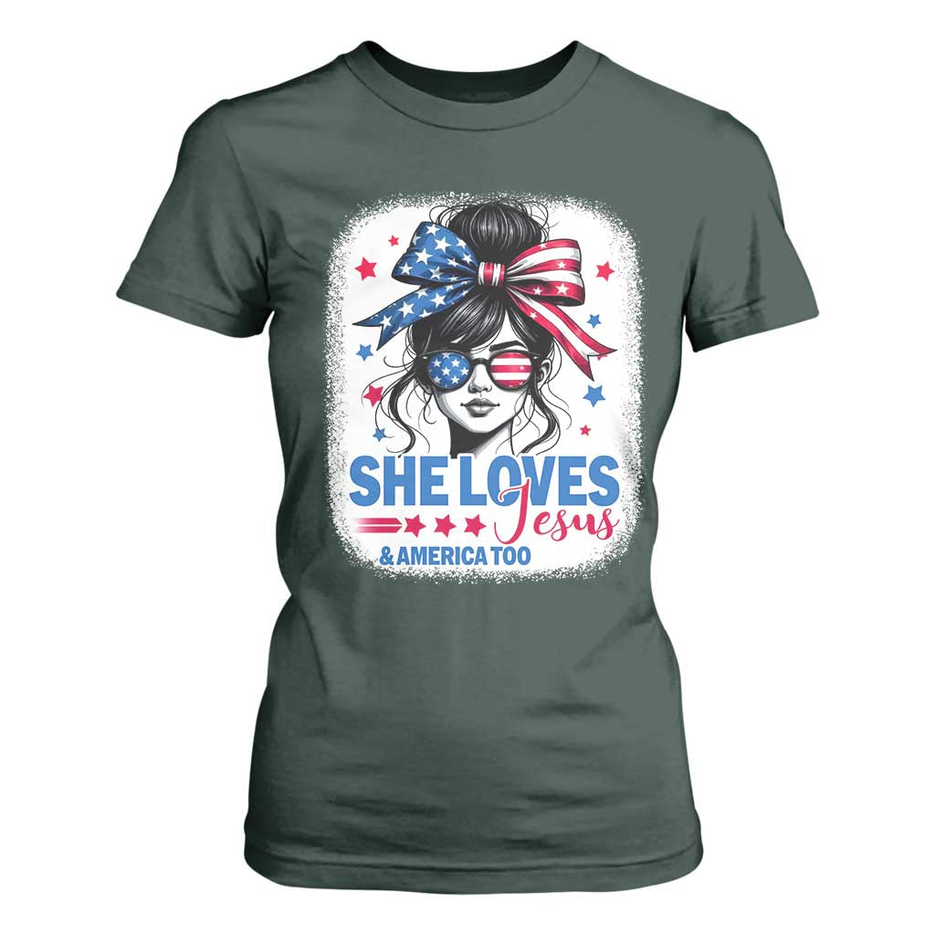 She Loves Jesus And America Too T Shirt For Women Christian 4th of July Messy Bun Flag TS10 Dark Forest Green Print Your Wear