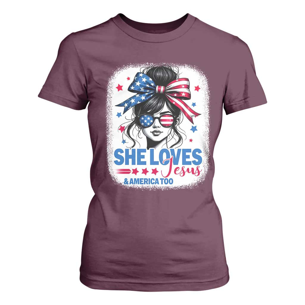 She Loves Jesus And America Too T Shirt For Women Christian 4th of July Messy Bun Flag TS10 Maroon Print Your Wear
