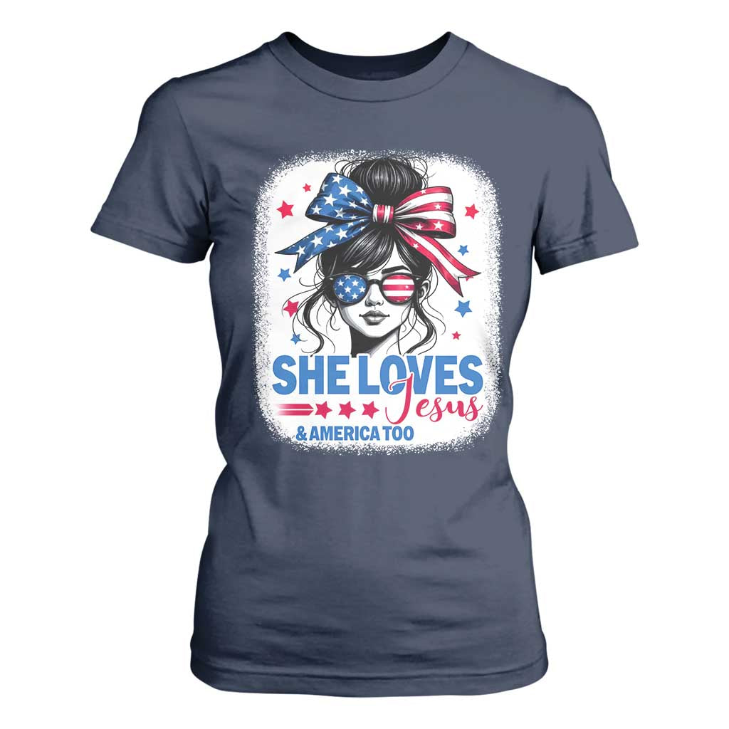 She Loves Jesus And America Too T Shirt For Women Christian 4th of July Messy Bun Flag TS10 Navy Print Your Wear
