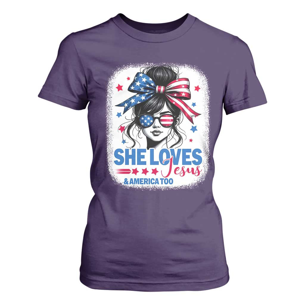 She Loves Jesus And America Too T Shirt For Women Christian 4th of July Messy Bun Flag TS10 Purple Print Your Wear