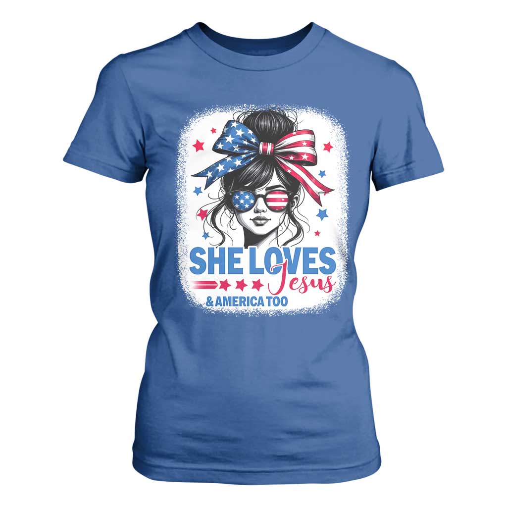 She Loves Jesus And America Too T Shirt For Women Christian 4th of July Messy Bun Flag TS10 Royal Blue Print Your Wear