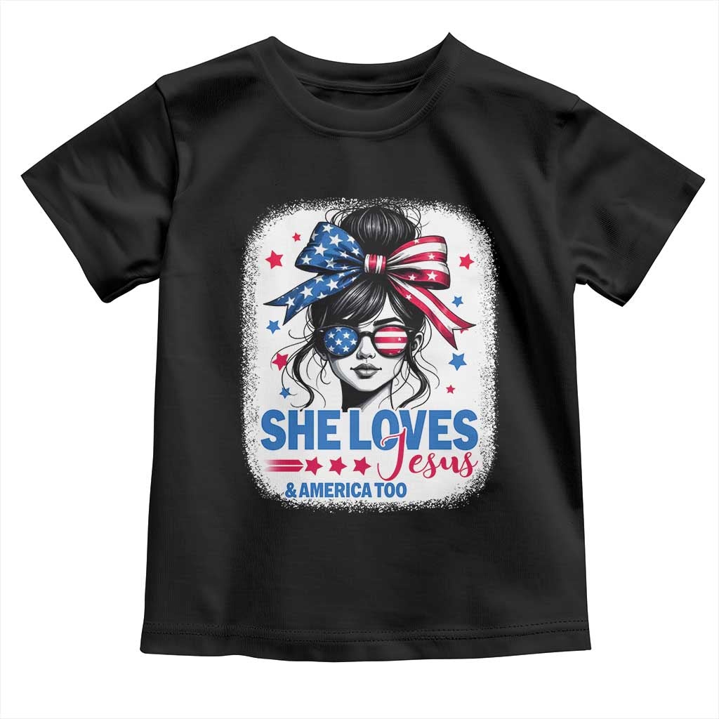 She Loves Jesus And America Too Toddler T Shirt Christian 4th of July Messy Bun Flag TS10 Black Print Your Wear