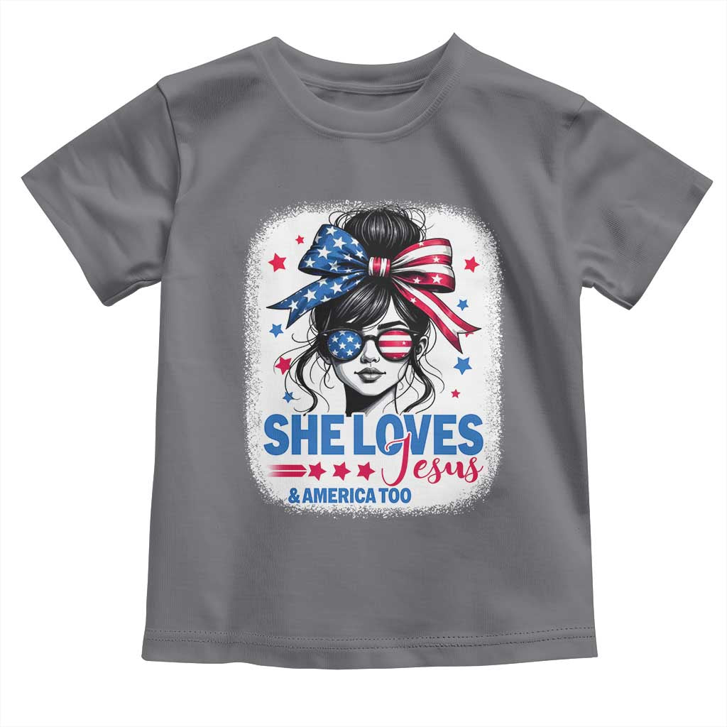 She Loves Jesus And America Too Toddler T Shirt Christian 4th of July Messy Bun Flag TS10 Charcoal Print Your Wear