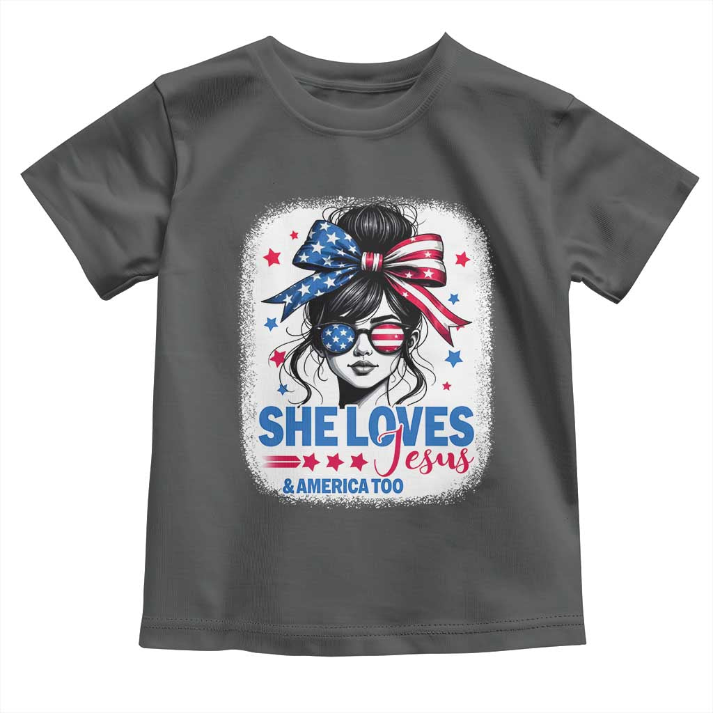She Loves Jesus And America Too Toddler T Shirt Christian 4th of July Messy Bun Flag TS10 Dark Heather Print Your Wear
