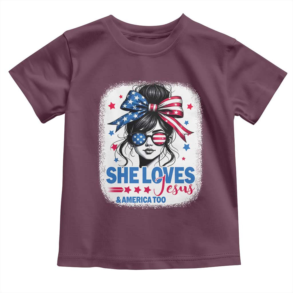 She Loves Jesus And America Too Toddler T Shirt Christian 4th of July Messy Bun Flag TS10 Maroon Print Your Wear