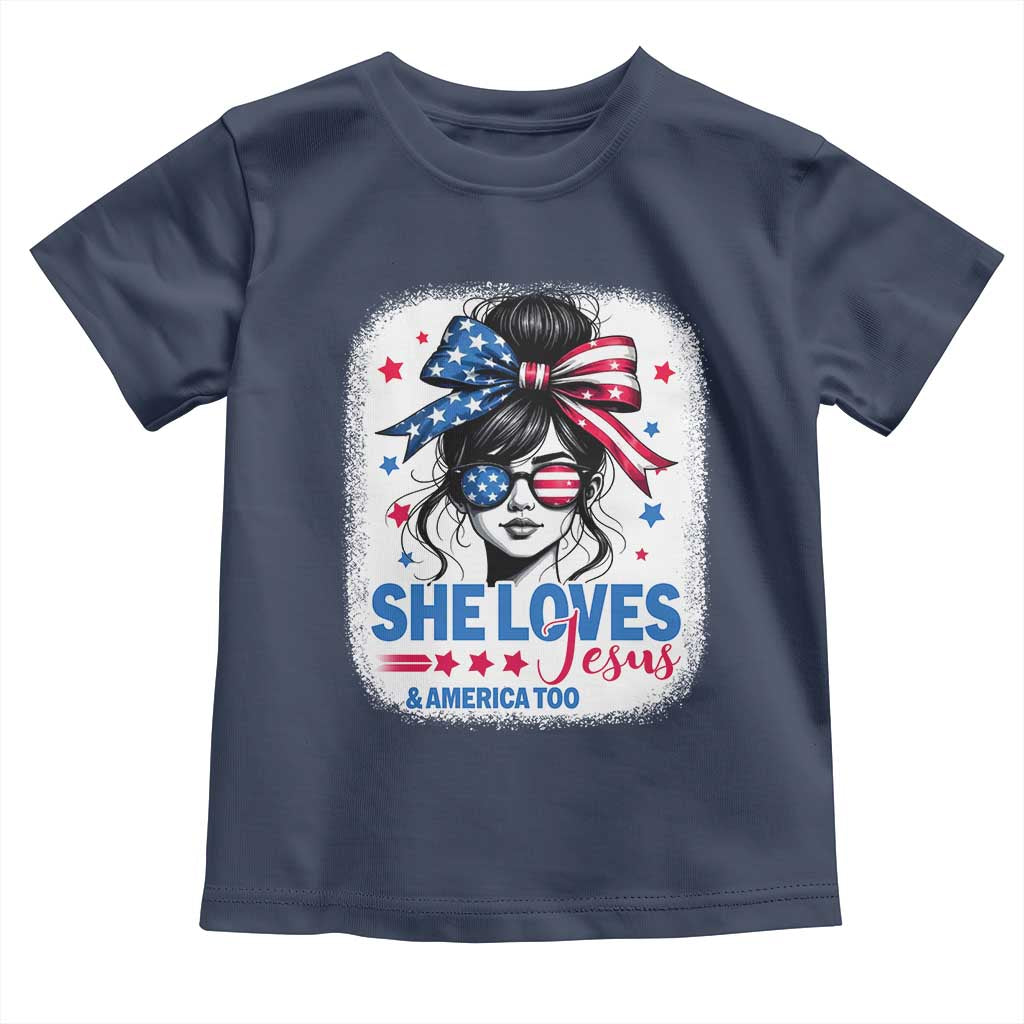 She Loves Jesus And America Too Toddler T Shirt Christian 4th of July Messy Bun Flag TS10 Navy Print Your Wear