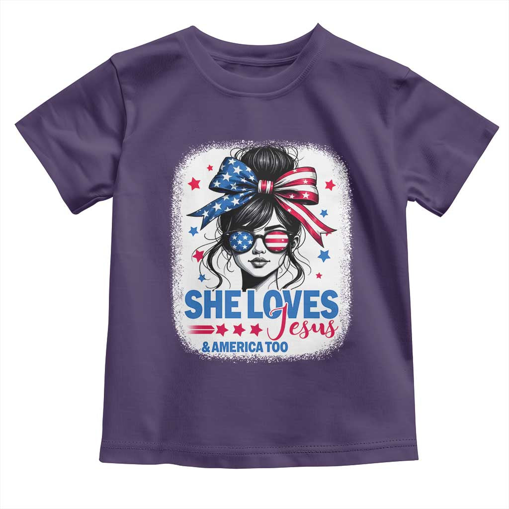 She Loves Jesus And America Too Toddler T Shirt Christian 4th of July Messy Bun Flag TS10 Purple Print Your Wear