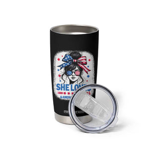 She Loves Jesus And America Too Tumbler Cup Christian 4th of July Messy Bun Flag TS10 Print Your Wear