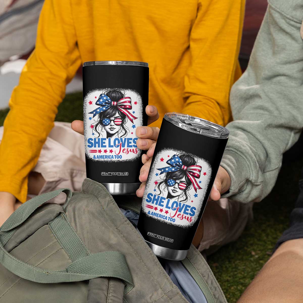 She Loves Jesus And America Too Tumbler Cup Christian 4th of July Messy Bun Flag TS10 Print Your Wear