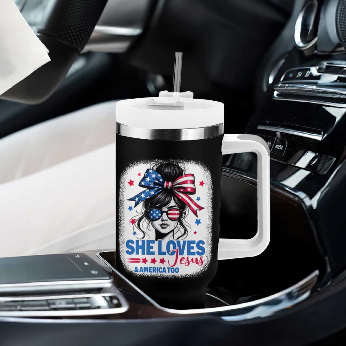 She Loves Jesus And America Too Tumbler With Handle Christian 4th of July Messy Bun Flag TS10 Print Your Wear