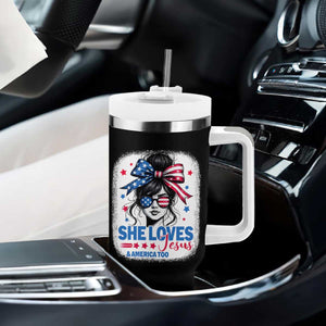 She Loves Jesus And America Too Tumbler With Handle Christian 4th of July Messy Bun Flag TS10 Print Your Wear