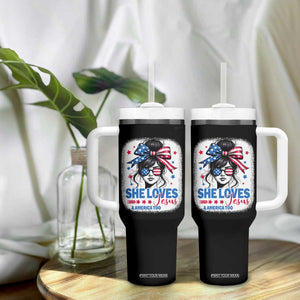 She Loves Jesus And America Too Tumbler With Handle Christian 4th of July Messy Bun Flag TS10 Print Your Wear