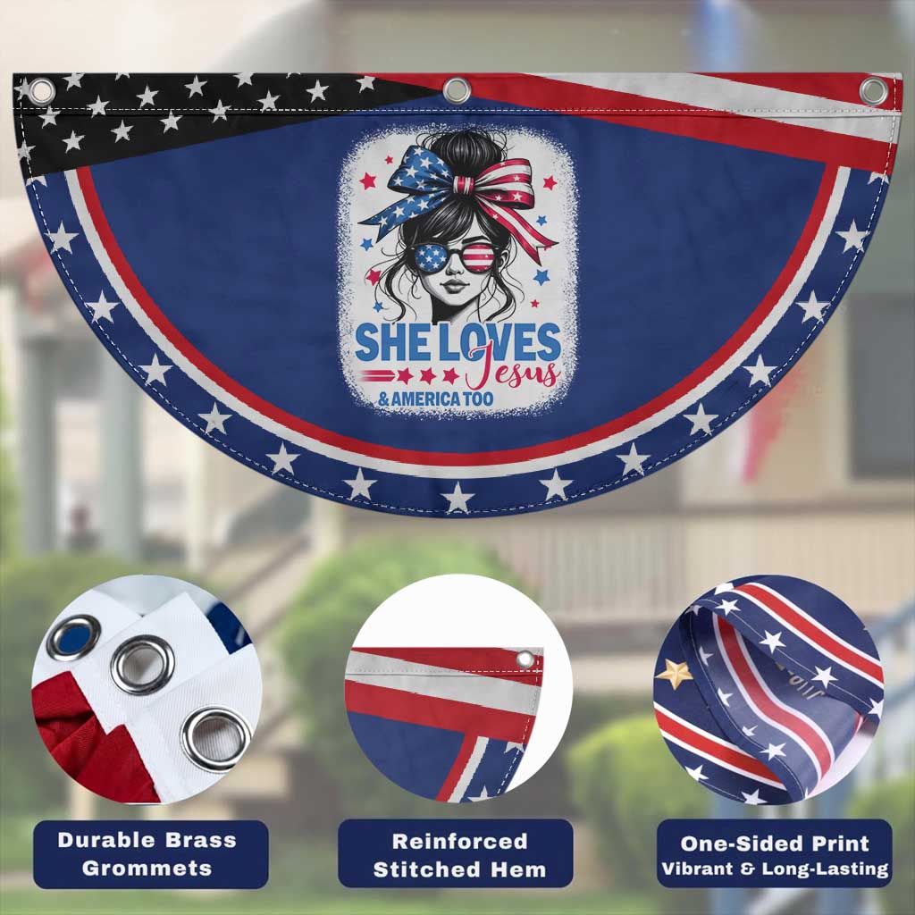 She Loves Jesus And America Too Patriotic Fan Flag Christian 4th of July Messy Bun Flag