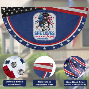 She Loves Jesus And America Too Patriotic Fan Flag Christian 4th of July Messy Bun Flag