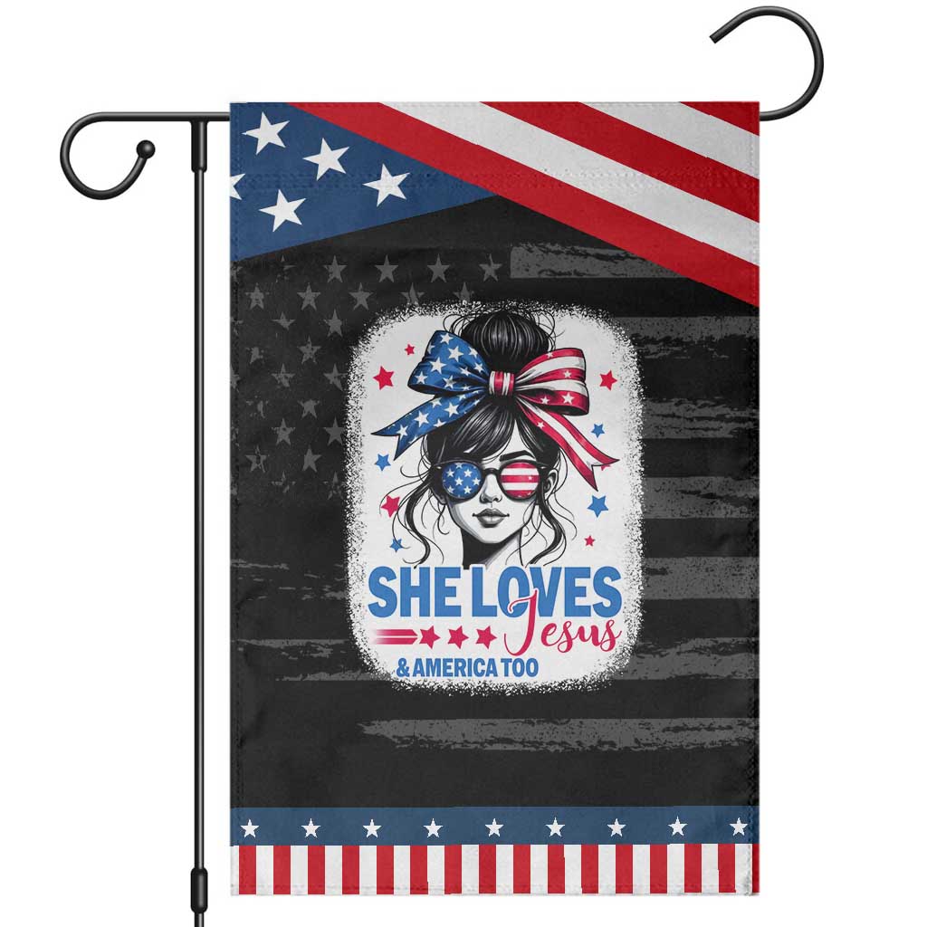 She Loves Jesus And America Too Garden Flag Christian 4th of July Messy Bun Flag TS10 Distressed Black Blue Print Your Wear