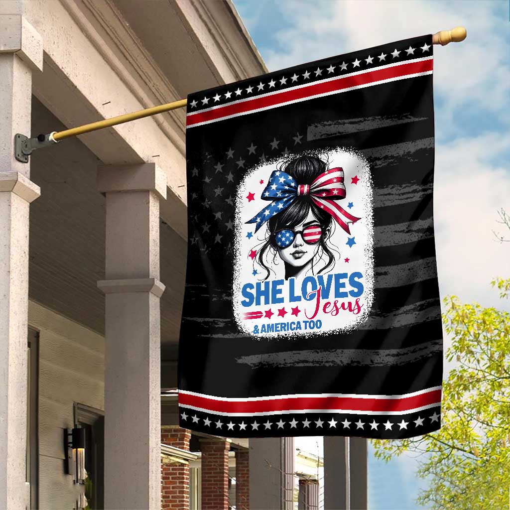 She Loves Jesus And America Too Garden Flag Christian 4th of July Messy Bun Flag TS10 Distressed Black Red Print Your Wear