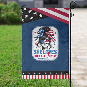 She Loves Jesus And America Too Garden Flag Christian 4th of July Messy Bun Flag TS10 Classic Blue Black Print Your Wear