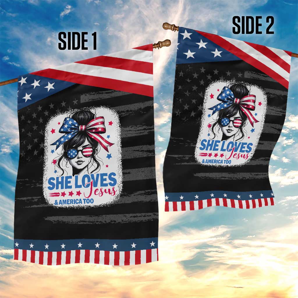 She Loves Jesus And America Too Garden Flag Christian 4th of July Messy Bun Flag TS10 Print Your Wear