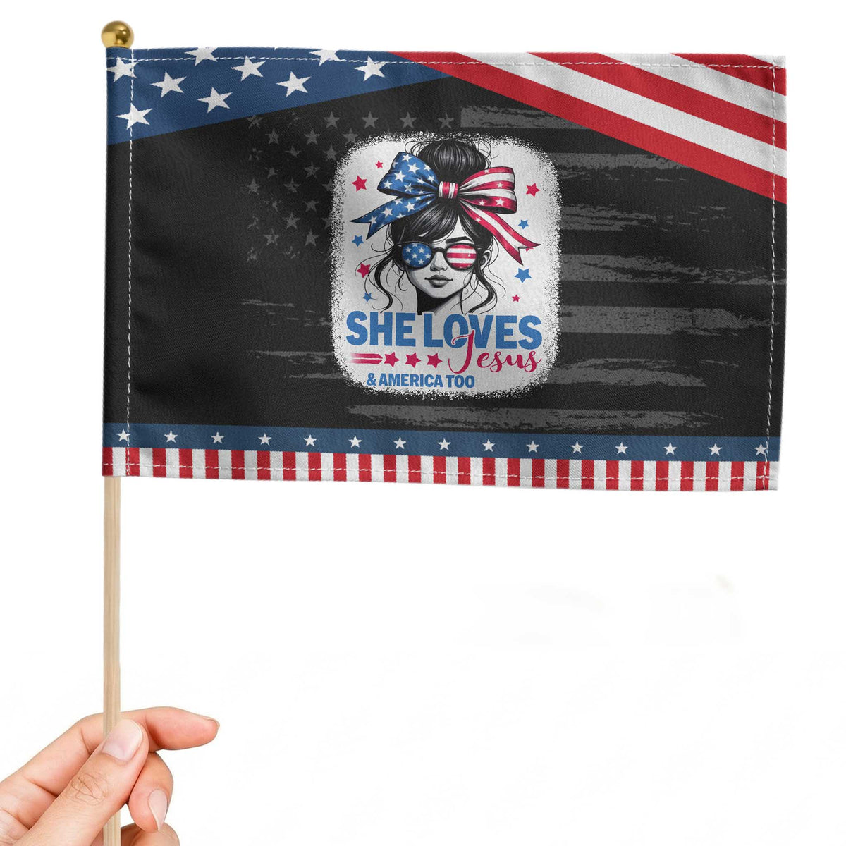 She Loves Jesus And America Too Patriotic Handheld Flag Christian 4th of July Messy Bun Flag TS10 Distressed 8.2" × 5.5" Black Blue Print Your Wear