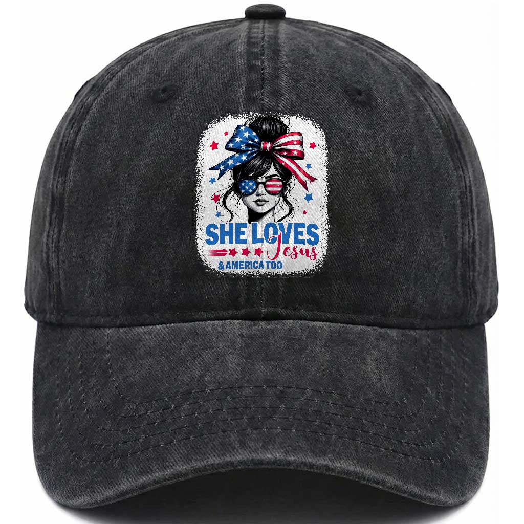 She Loves Jesus And America Too Washed Cotton Baseball Cap Christian 4th of July Messy Bun Flag TS10 Washed Cap Universal Fit Black Print Your Wear