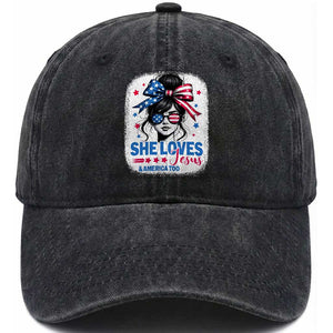 She Loves Jesus And America Too Washed Cotton Baseball Cap Christian 4th of July Messy Bun Flag TS10 Washed Cap Universal Fit Black Print Your Wear