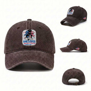 She Loves Jesus And America Too Washed Cotton Baseball Cap Christian 4th of July Messy Bun Flag TS10 Washed Cap Universal Fit Dark Brown Print Your Wear