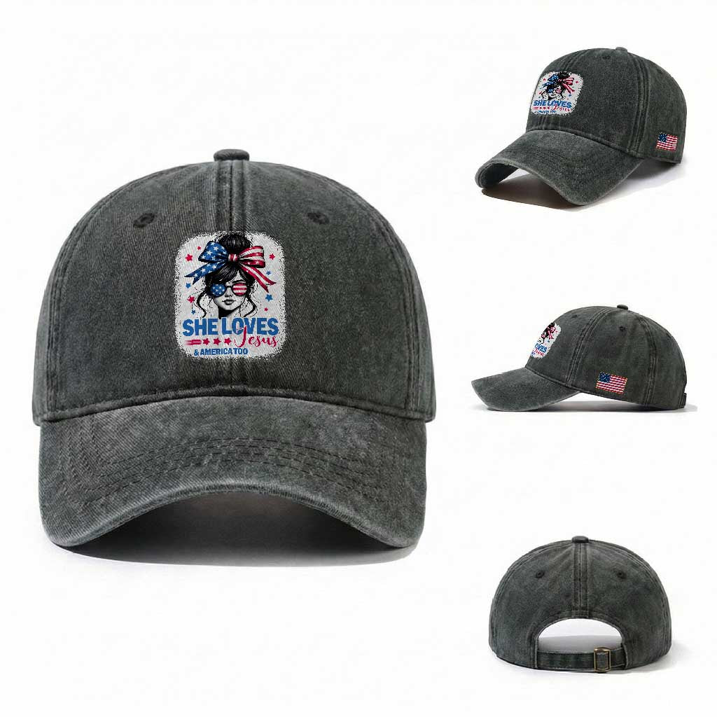 She Loves Jesus And America Too Washed Cotton Baseball Cap Christian 4th of July Messy Bun Flag TS10 Washed Cap Universal Fit Dark Green Print Your Wear