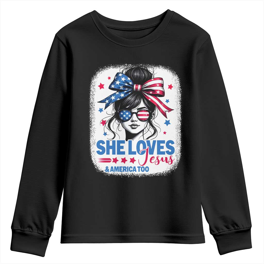 She Loves Jesus And America Too Youth Sweatshirt Christian 4th of July Messy Bun Flag TS10 Black Print Your Wear