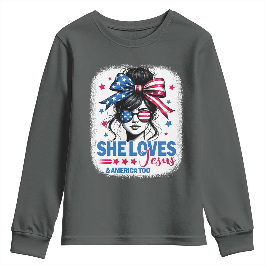 She Loves Jesus And America Too Youth Sweatshirt Christian 4th of July Messy Bun Flag TS10 Dark Heather Print Your Wear