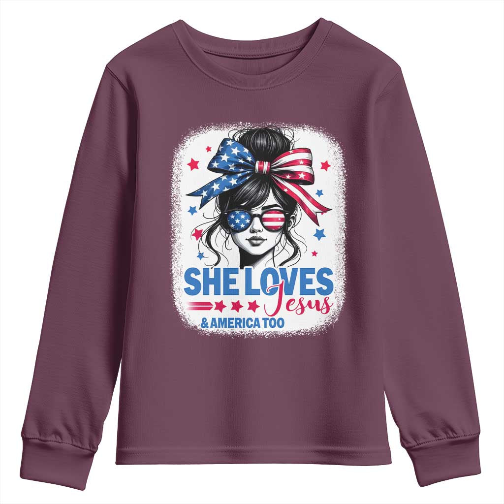 She Loves Jesus And America Too Youth Sweatshirt Christian 4th of July Messy Bun Flag TS10 Maroon Print Your Wear