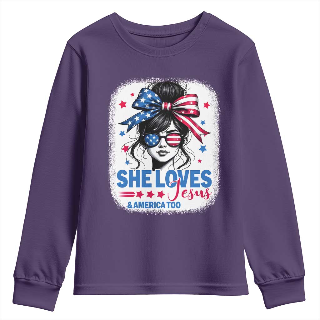 She Loves Jesus And America Too Youth Sweatshirt Christian 4th of July Messy Bun Flag TS10 Purple Print Your Wear