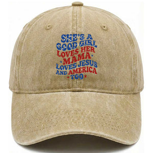 Good Girl Loves Mama Jesus and America Washed Cotton Baseball Cap Retro Patriotic 4th of July USA TS10 Washed Cap Universal Fit Khaki Print Your Wear